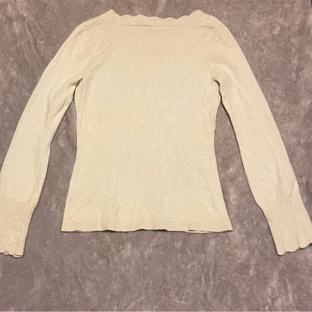 Ann Taylor 100% Cashmere Decorative Scalloped V-Neck Edge Sweater Mint Green - Picture 2 of 8